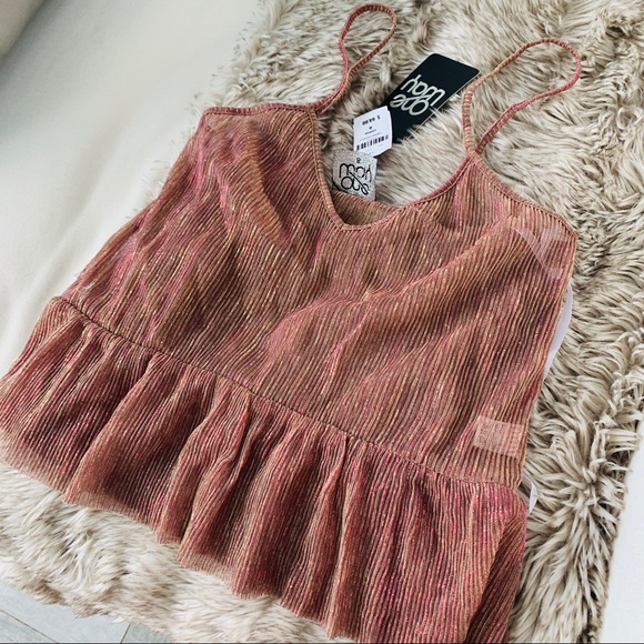 LF OneWay Lurex Rose Gold Yellow Gold Glow Ruffle Peplum Sheer Cami Top - Picture 4 of 12